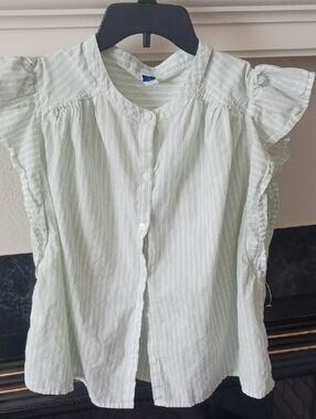 Old Navy Light Green and White Striped Ruffle Sleeve Button-Down